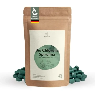 Obrázek BIONUTRA Bio Spirulina Chlorella tablety 1000 x 250 mg, kontrolované zbytky, vyrobené podle normy EU EKO, veganské, bez laktózy a lepku, přísad, Presslinge