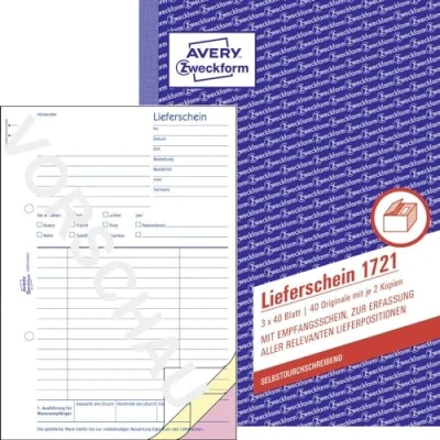 Obrázek AVERY Zweckform 1721 dodací list s příjmovým listem (A5, 3 x 40 listů, propisující barevným průrazem, pro zachycení všech relevantních pozic dodání) bílá/žlutá/růžová