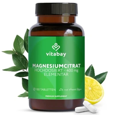 Obrázek Vitabay citrát hořečnatý 2556 mg vysoké dávky 180 tablet veganské a laboratorně testované přispívá k normálnímu energetickému metabolismu normální funkci svalů