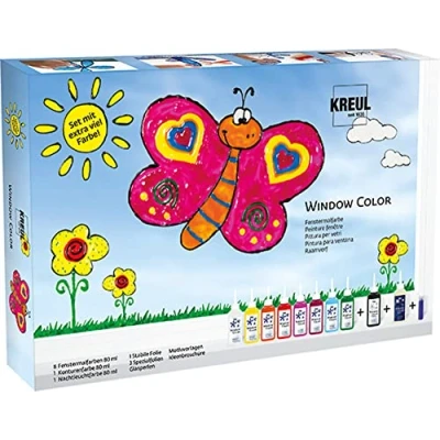 Obrázek KREUL 42752 Window Color sada barev na okno, s 8 barvami v 80ml lahvičkách malování, černé obrysové barvy, noční světlo, fólie, skleněné korálky a šablony motivy, barevné