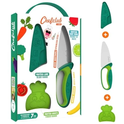 Obrázek Chefclub Kids nůž pro děti v zelené barvě Dětský s ochranou prstů, čepele a ergonomickou rukojetí kuchyňský kuchyňské potřeby malé