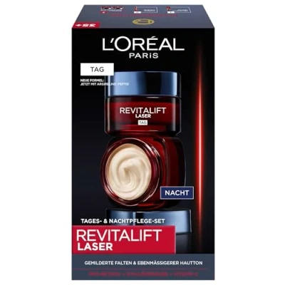 Obrázek L&#039;Oréal Paris Sada péče o obličej, denní proti stárnutí a noční s 3násobným účinkem, pro Retinolem, hyaluronem vitaminem C, Revitalift Laser X3, 2 x 50 ml