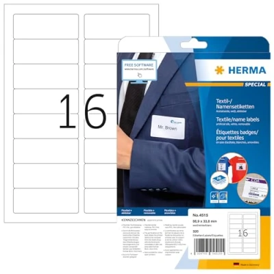 Obrázek HERMA 4515 jmenovek lze odlepit, 20 listů, 88,9 x 33,8 mm, 16 na arch A4, 320 kusů, samolepicí, potiskovatelné, beze zbytku odstranitelné acetátové hedvábí nálepky se jménem, bílé
