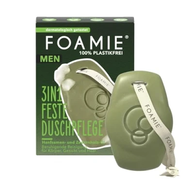 Obrázek Foamie 3v1 pevná sprcha pro muže, konopná semena a olej z cedrového dřeva, tělo, obličej, pevný šampon pánský, uklidňující čištění, 90 g extra balení