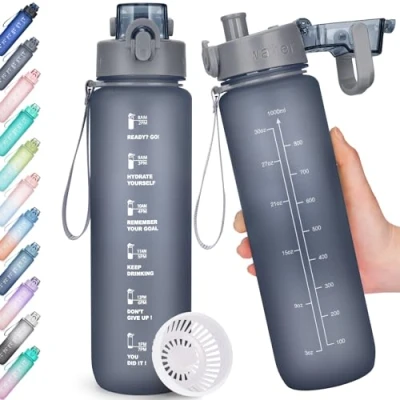 Obrázek AOHAN Trinkflasche, 1l Wasserflasche BPA Frei, Trinkflasche Sport Auslaufsicher, Sportflasche mit Zeitmarkierung für Fitness, Büro, Schule, Yoga, Outdoor
