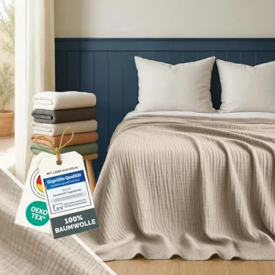 Obrázek Blumtal Tagesdecke Baumwolle 200x230 cm Musselin Decke OEKO TEX zert. Bettüberwurf Couch Überwurf leichte Kuscheldecke 100% Decken Überwurfdecke Creme Weiß