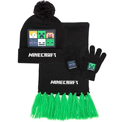 Obrázek Minecraft Kids Bobble Hat Handschuhe Schal Set gestrickte Schwarze Mütze Einheitsgröße