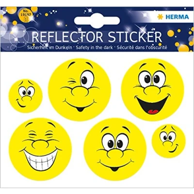 Obrázek HERMA 19197 reflexní nálepka Emojis Smileys tváře žluté, 6 kusů, samolepicí dětské nálepky na jízdní kolo helma školní batoh kufr dětský pokoj motiv svítící sada nálepek