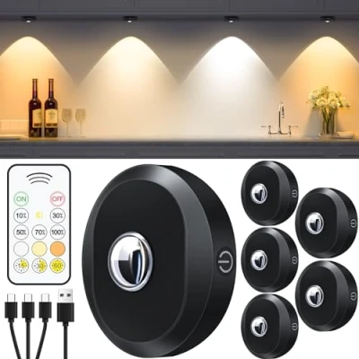 Obrázek WILLED USB dobíjecí LED bodová baterie s dálkovým ovládáním, kulaté osvětlení skříně, 3 teploty barvy, stmívatelné bodové, bezdrátové vitríny funkcí časování (balení 6 ks)
