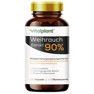 Obrázek Vitalplant® kadidlové kapsle vysoké dávky v hnědém skle 600 mg indické Boswellia Serrata s 90% kyselinou boswelliovou každé kapsli 120 ks. Bez přísad a zbytků kontrolováno