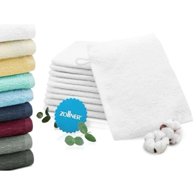 Obrázek ZOLLNER 10er Set Waschhandschuhe in 16x21 cm saugstarke und weiche Waschlappen weiß mit praktischem Aufhänger waschbar bis 95C Baumwolle Hotelqualität