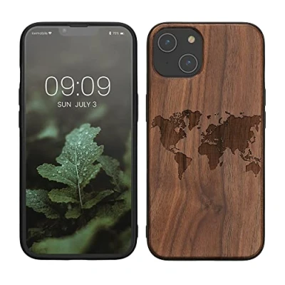 Obrázek kwmobile pouzdro kompatibilní s Apple iPhone 14 dřevěné na mobil TPU obal v tmavě hnědé cestovní obrys