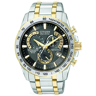 Obrázek Citizen Pánské náramkové hodinky Eco Drive chronograf at400452E s černým ciferníkem a dvoubarevným náramkem z ušlechtilé oceli, Zlatá, Náramek