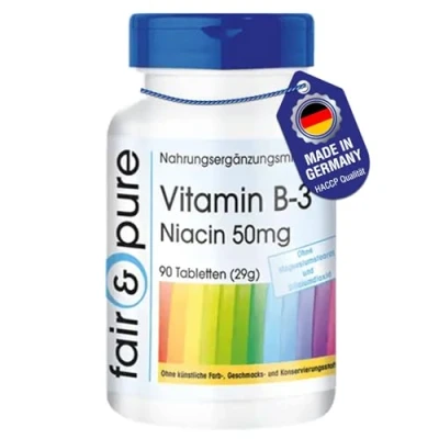 Obrázek Fair &amp; Pure® Vitamín B3 tablety 90 tablet niacin 50 mg jako nikotinamid bez flush free veganský stearátu hořečnatého