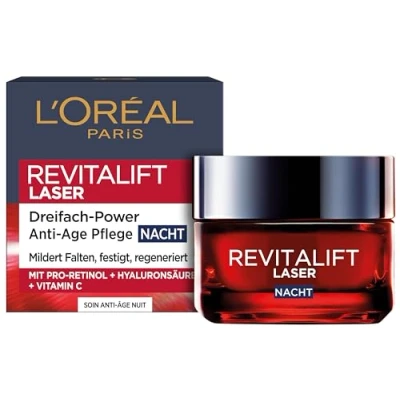 Obrázek L&#039;Oréal Paris Noční péče, zpevňující a vycpaná anti aging péče o obličej s 3násobným účinkem LSF 25, kyselinou hyaluronovou, vitaminem C pro Retinolem, Revitalift Laser X3, 50 ml