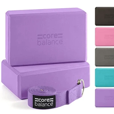 Obrázek Core Balance Yoga Blocks im Doppelpack &amp; GRATIS Gurt, 2 STK. Eva Schaumstoff Blöcke, robust leicht, Riemen aus Baumwolle mit innovativem D Ring Verschluss, ideal für Pilates, 5 versch. Farben