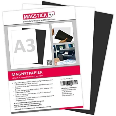 Obrázek 10dílná sada magnetického papíru I bílý DIN A3 DIY magnetická zadní strana potištěná běžnou inkoustovou tiskárnou k popisování, potisku nebo jako magnetický fotopapír mag_221