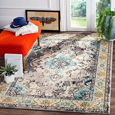Obrázek SAFAVIEH Boho Teppich für Wohnzimmer, Esszimmer, Schlafzimmer Monaco Collection, Kurzer Flor, Grau und Hellblau, 91 X 152 cm