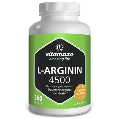 Obrázek L Arginin kapsle s vysokým dávkováním 4500 mg na denní dávku, 360 kapslí 3 měsíce, Přírodní doplněk stravy bez zbytečných přísad, Vyrobeno v Německu