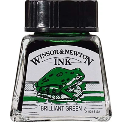 Obrázek Winsor &amp; Newton 1005046 Drawing Inks kreslicí tuš pro kaligrafy, ilustrátory, grafiky, umělce voděodolné barvy, vynikající průhlednost, láhev 14 ml brilantní zelená