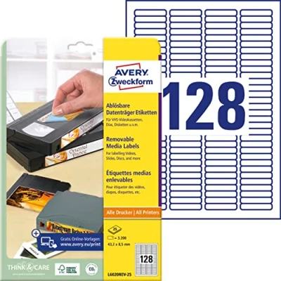 Obrázek AVERY Zweckform L6020REV 25 etikety pro diapozitivy (3 200 nálepek, 43,2 x 8,5 mm na A4, potisknutelné, samolepicí, znovu odstranitelné, diapozitivy, VHS /C videokazety, Mini DV a DAT) listů, bílé