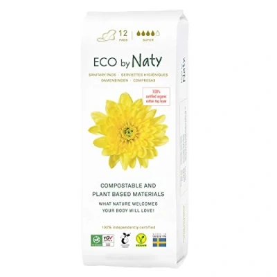 Obrázek Eco by Naty Dámské vložky Super rostlinné a savé bio hygienické s křídly, menstruační produkt z bavlny, lepší pro zdraví žen (12 kusů)