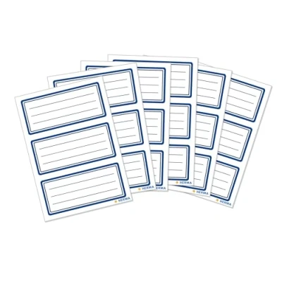 Obrázek HERMA 5798 etikety na knihy k popisování, neutrální, modrý okraj, 18 kusů, 76 x 35 mm, samolepicí, linkované, knižní nálepky pro školu, děti, dívky, chlapci, prázdné štítky sešity, bílé