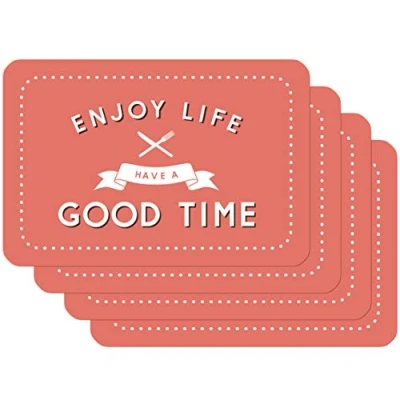 Obrázek Venilia Stolní sada prostírání do jídelny červené s nápisem &#039;Enjoy Life &amp; Have a Good Time&#039;, 4dílná omyvatelných polypropylen, vhodná pro potraviny 45 x 30 cm, 4 kusy, 59073