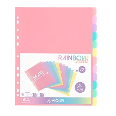 Obrázek Viquel 12 kusů rejstřík Rainbow Pastell maxi formát (24,5 x 30,5 cm) pro A4 pořadač nebo pořadače pastelové barvy