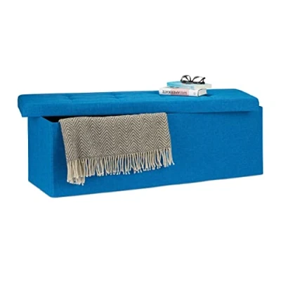 Obrázek Relaxdays Skládací lavice XXL, sedací kostka s úložným prostorem, z lnu, víkem, v x š 38 cm, modrá