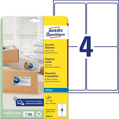 Obrázek AVERY Zweckform J8169 25 přepravní etikety/zásilkové nálepky (100 etiket, 99,1 x 139 mm na A4, potiskovatelné, samolepicí, pro inkoustové tiskárny, balíky a balíčky) listů, bílá