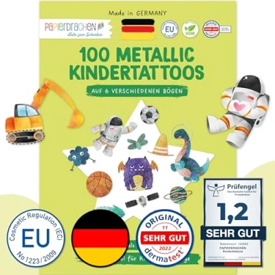Obrázek Papierdrachen 100 metalických tetování k nalepení dětská s bagry a dinosaury šetrná pokožce cool design jako dárek narozeninám nebo nápad na veganská vyrobeno v Německu