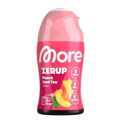 Obrázek MoRE Zerup, Peach Iced Tea, 65 ml, pro až 8 l hotového nápoje, sirup bez cukru s pravými extrakty z ovoce, veganské, zero kalorie vyrobeno v Německu