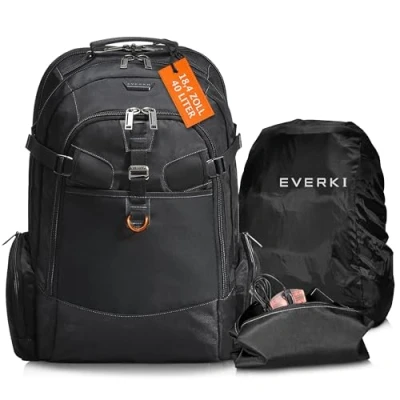 Obrázek EVERKI Business 120 batoh na laptop s pláštěnkou extra velká přihrádka do 18,4&quot;, kapacita 40 l, sklopný design 180 stupňů, pracovní nebo herní taška notebook (EKP120), černý