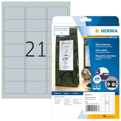 Obrázek HERMA 4113 Fóliové etikety odolné vůči povětrnostním vlivům, stříbrné, 25 listů, 63,5 x 38,1 mm, 21 archů A4, 252 kusů, samolepicí, potištěné, lesklé, prázdné lepicí z fólie