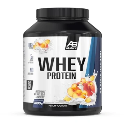 Obrázek All Stars WHEY PROTEIN 2000 g I proteinový prášek s kořeněným koncentrátem a izolátem lahodný low Fat Powder kvalitní krémový koktejl (2 kg, Peach Yoghurt)
