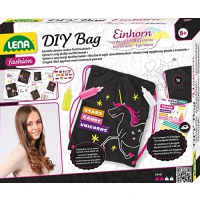 Obrázek Lena 42607 kreativní sada DIY batoh jednorožec, kompletní s lněným batohem cca 35 x 42 cm, 3 textilní tužky, šablony a nažehlovací fólie, módní styling pro děti od 8 let, návodem
