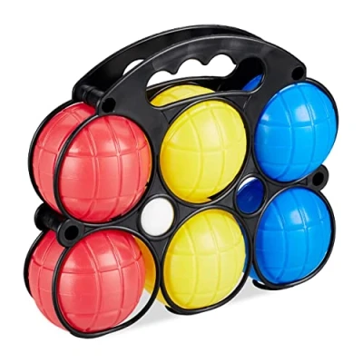 Obrázek Relaxdays Unisex hra pro mládež, barvy, plast, &amp; Koš na nošení, Boccia 6 baněk ve 3 barvách plast s cílovými kuličkami nošení Boule, barevný, V x Š H cca 19 22 7 cm EU
