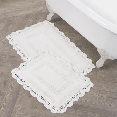 Obrázek Laura Ashley Häkel Baumwolle, 43 x 61 cm, 2 teiliges Badteppich Set, Cremeweiß