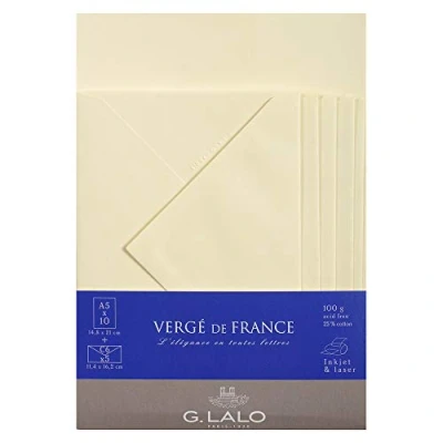 Obrázek G. Lalo 61416L Korrespondenz Set Vergé de France (mit 5 Blatt DIN A5, 14,8 x 21 cm, 100 g, säurefrei, gerade Kante und Umschläge, 11,4 16,2 nassklebend gefüttert, elfenbein)