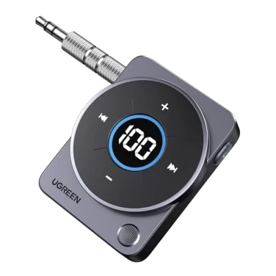 Obrázek UGREEN Aux Bluetooth 5.4 adaptér pro auto jack 3,5 mm, přijímač, hands free volání, s dobou hraní 20 hodin autorádio/stereo zařízení