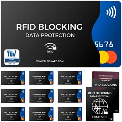 Obrázek Ochranný obal RFID Blocker NFC ověřený TÜV (12 kusů) na kreditní karty, EC bankovní občanský průkaz &amp; cestovní pas Pouzdro karty s ochranou proti rádiové datové chybě