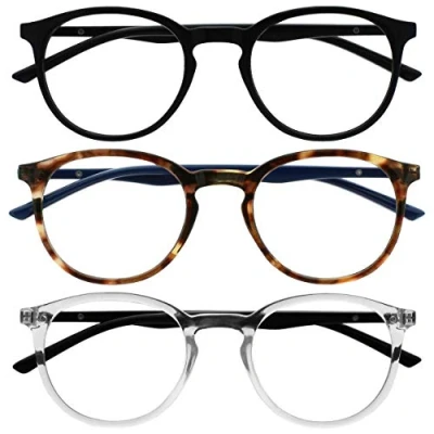 Obrázek OPULIZE Met Brille filtr modrého světla balení 3 ks tenký kulatý rám pružinové závěsy lepší spánek počítačové brýle herní antireflexní černé hnědé průhledné pánské dámské BBB60 12C +0. 00
