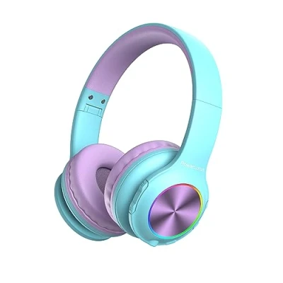 Obrázek dětská sluchátka Bluetooth, PowerLocus bezdrátová s LED světly 74/85/94dB omezení hlasitosti, skládací headset, HD Stereo, Micro SD, vestavěný mikrofon pro školy/laptop/mobilní