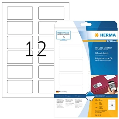 Obrázek HERMA 9643 QR Code etikety neprůhledné, 25 listů, 80 x 40 mm, 12 na arch A4, 300 kusů, samolepicí, potisknutelné, matné, prázdný papír kód lepicí samolepky, bílé