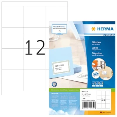 Obrázek HERMA 4279 univerzální etikety, 100 listů, 70 x 67,7 mm, 12 arch A4, 1200 kusů, samolepicí, potisknutelné, matné, prázdné papírové lepicí etikety samolepky, bílá