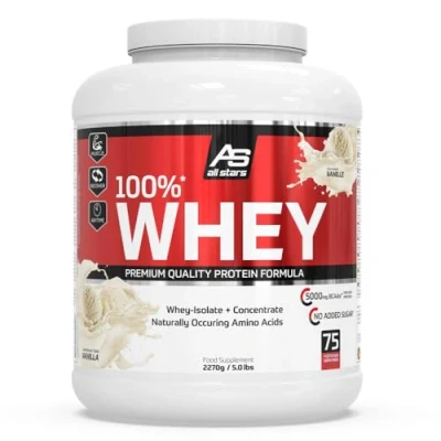 Obrázek All Stars 100% WHEY PROTEIN 2270 g I proteinový prášek s kořeněným koncentrátem a izolátem lahodný nízkým obsahem tuku kvalitní krémový koktejl vanilkovou příchutí