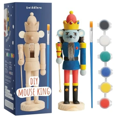 Obrázek THE TWIDDLERS Malování vlastního dřevěného louskáčku a krále myši, 20 cm ručně vyráběná sada, tradiční ornament krysového z borového dřeva, vánoční dekorace s pohyblivými díly