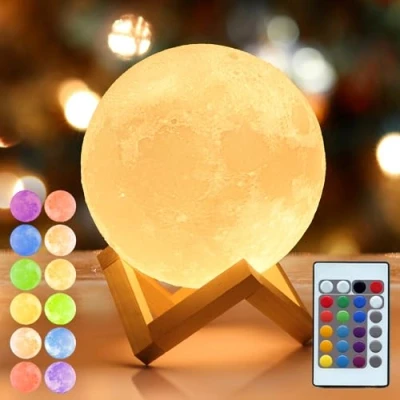 Obrázek Mydethun 2025 Aktualizovat 16 barev, měsíční lampa s dřevěnou paticí, dárek k Vánocům, 12 cm LED 3D světlo, dálkové ovládání, noční pro děti, dívky, ložnice, domácí dekorace