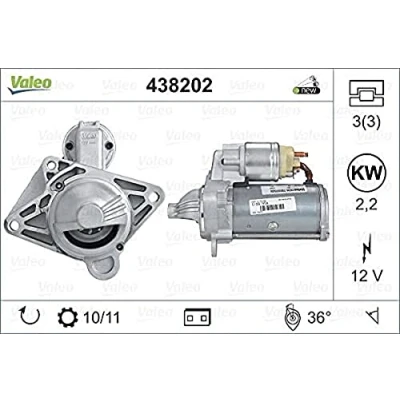 Obrázek VALEO 438202 startér jmenovitý výkon: 2,2 kW Stop &amp; start: NO počet zubů: 10 zubů napětí: 12 V směr otáčení: CLOCKWISE